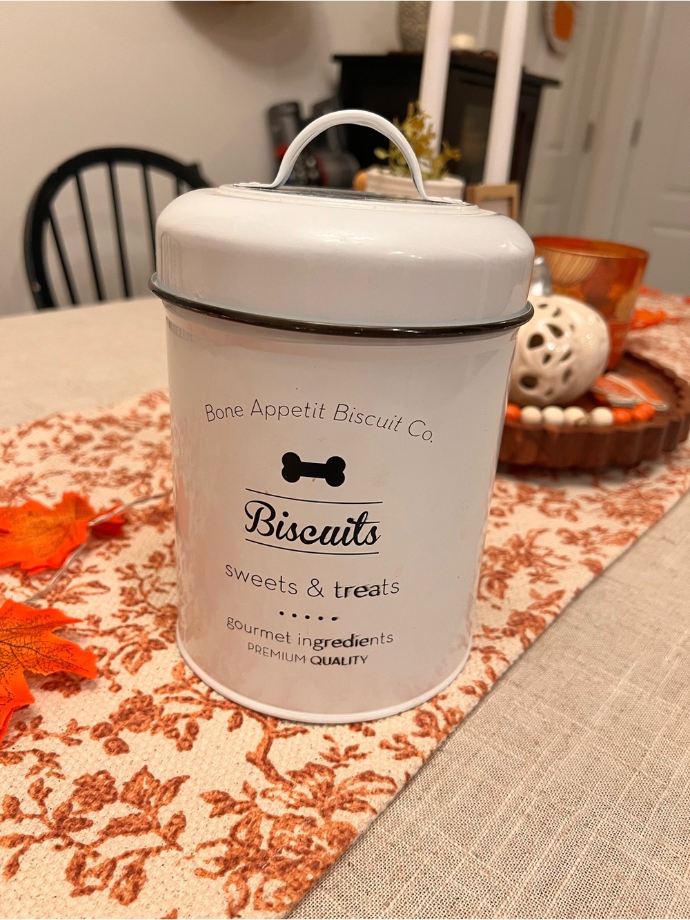 Bone Appetit Biscuit Canister - White Metal Pet Treat Storage